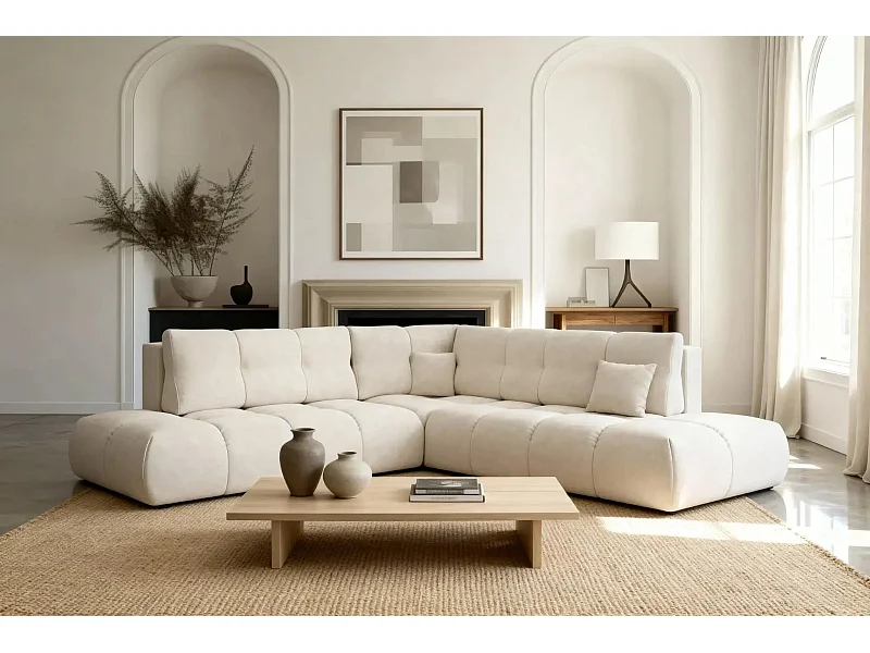 CONSTANCE L - Canapé d'angle convertible tissu chenille 4 places - Beige - Gauche