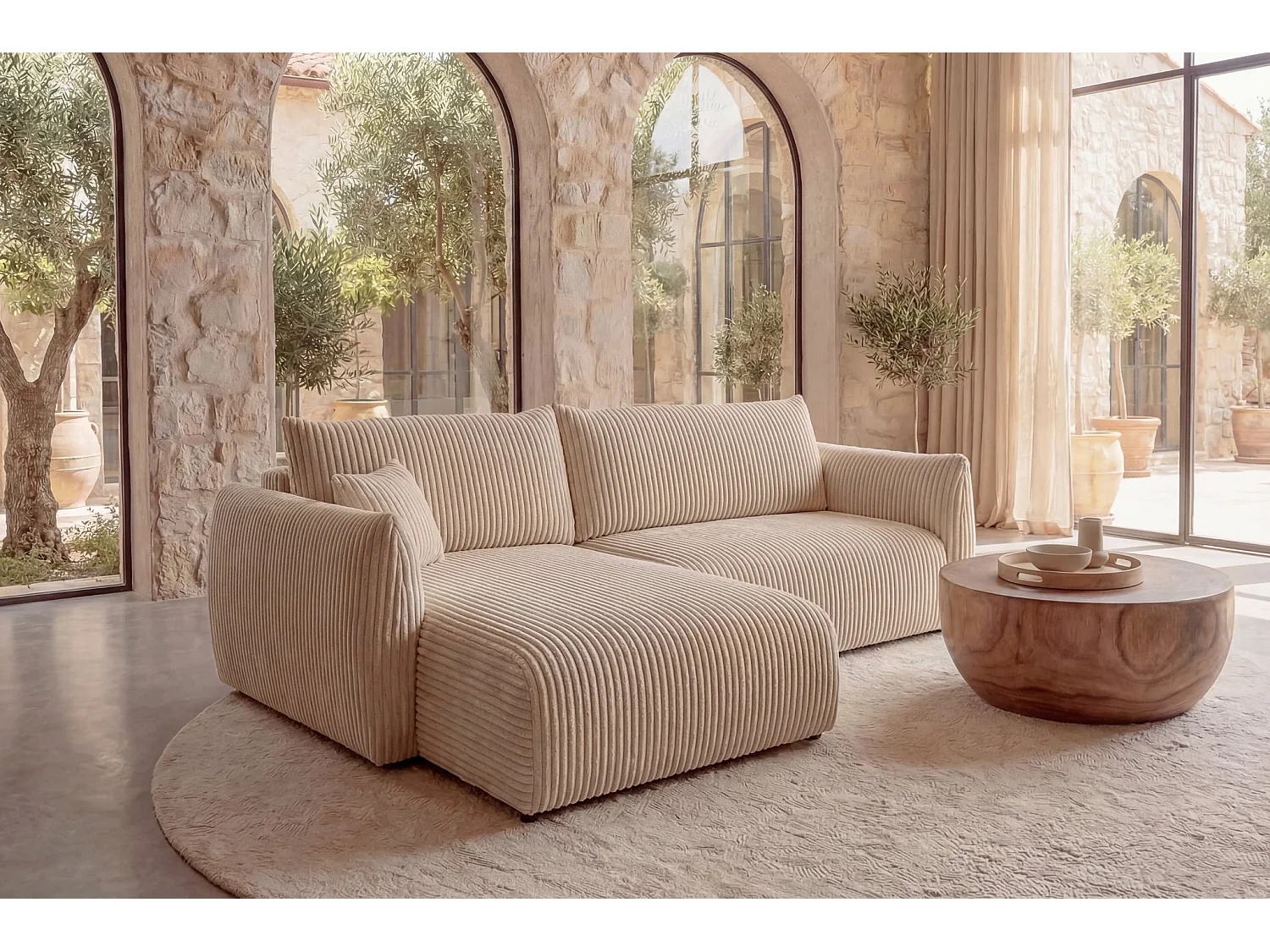 ELIO - Canapé d'angle convertible gros velours côtelé - Beige