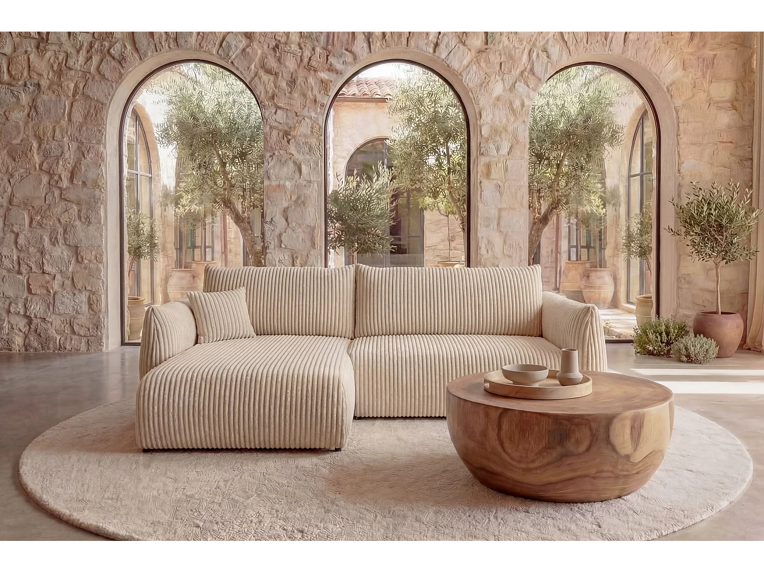 ELIO - Canapé d'angle convertible gros velours côtelé - Beige