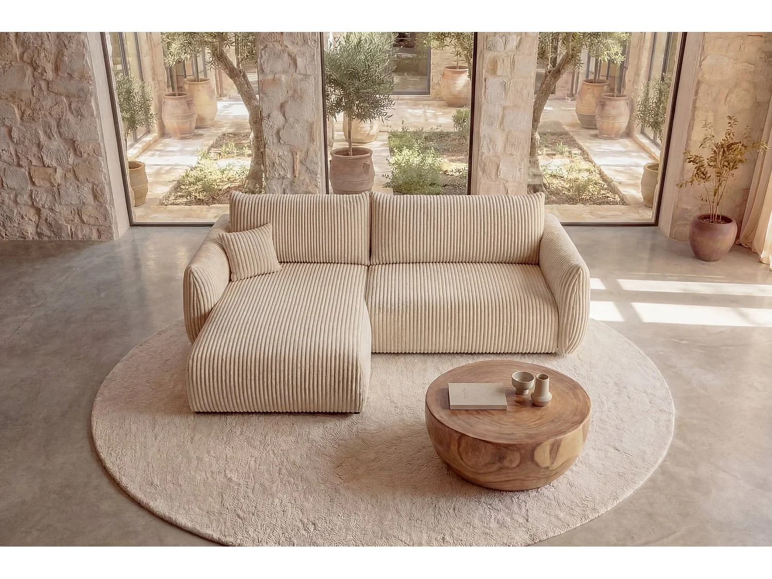 ELIO - Canapé d'angle convertible gros velours côtelé - Beige