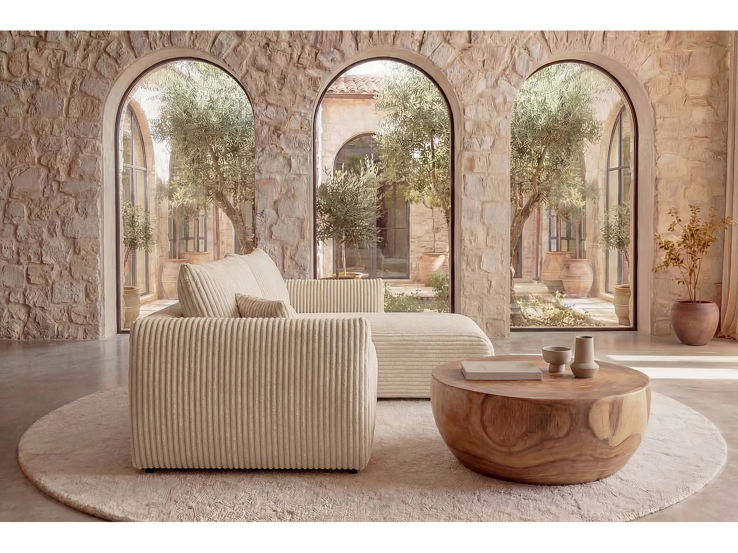 ELIO - Canapé d'angle convertible gros velours côtelé - Beige