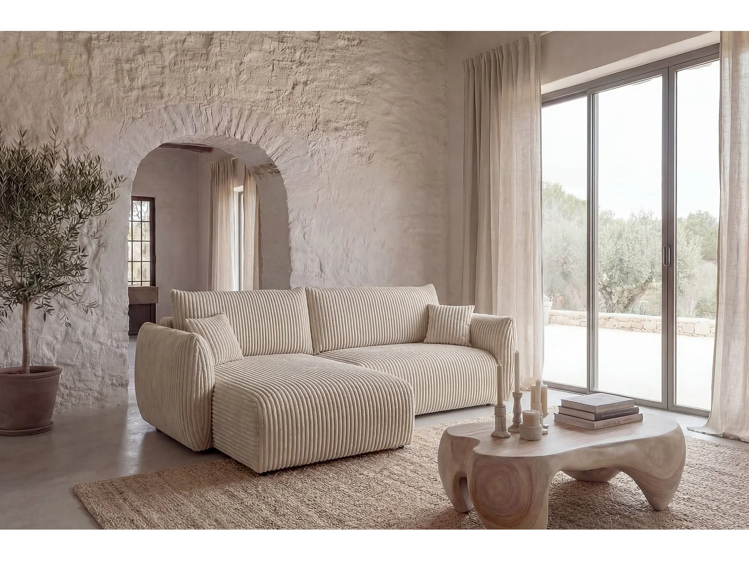 ELIO - Canapé d'angle convertible gros velours côtelé 4 places - Beige