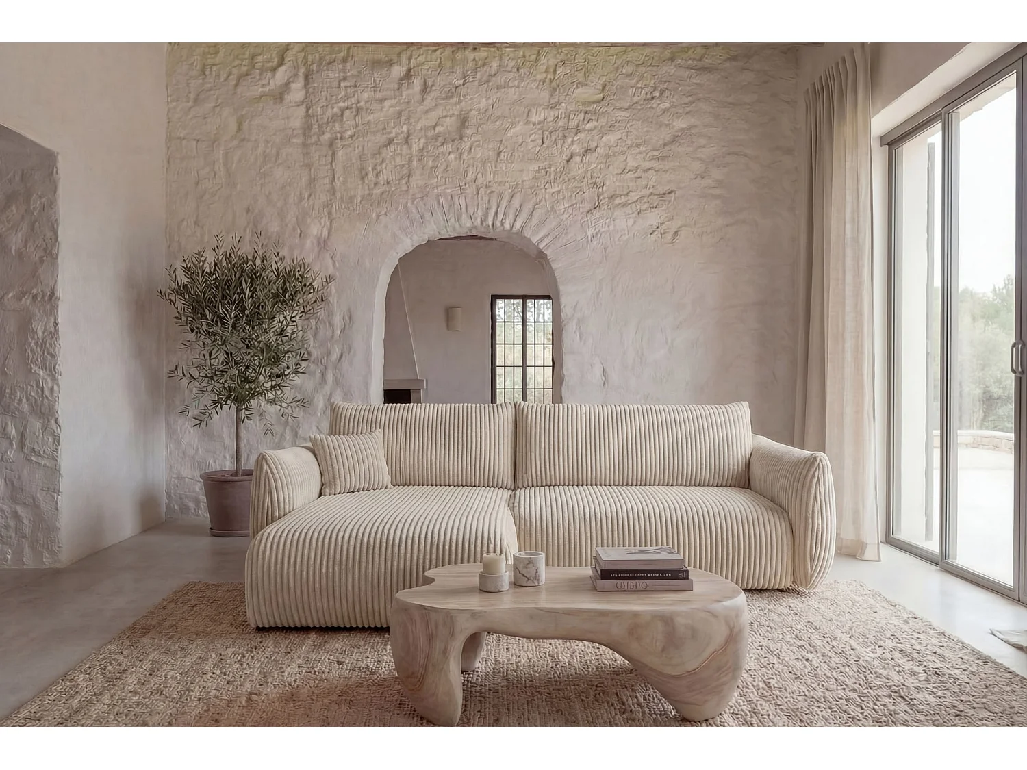 ELIO - Canapé d'angle convertible gros velours côtelé 4 places - Beige