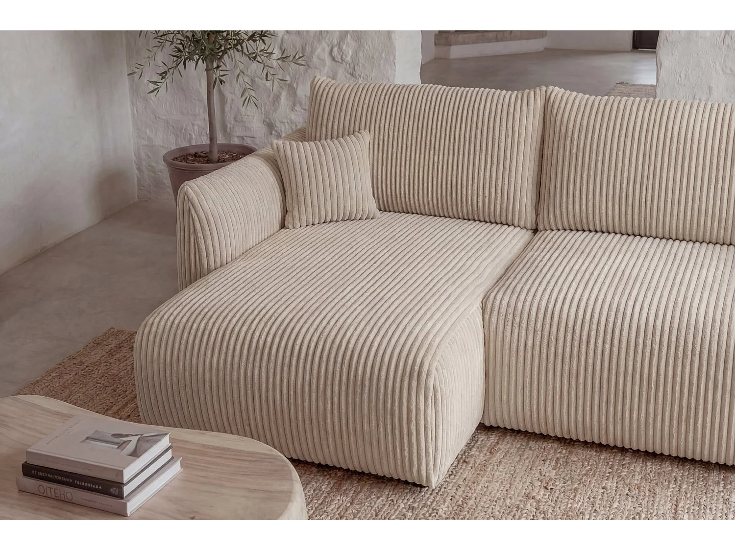 ELIO - Canapé d'angle convertible gros velours côtelé 4 places - Beige