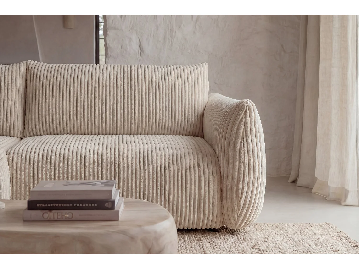 ELIO - Canapé d'angle convertible gros velours côtelé 4 places - Beige