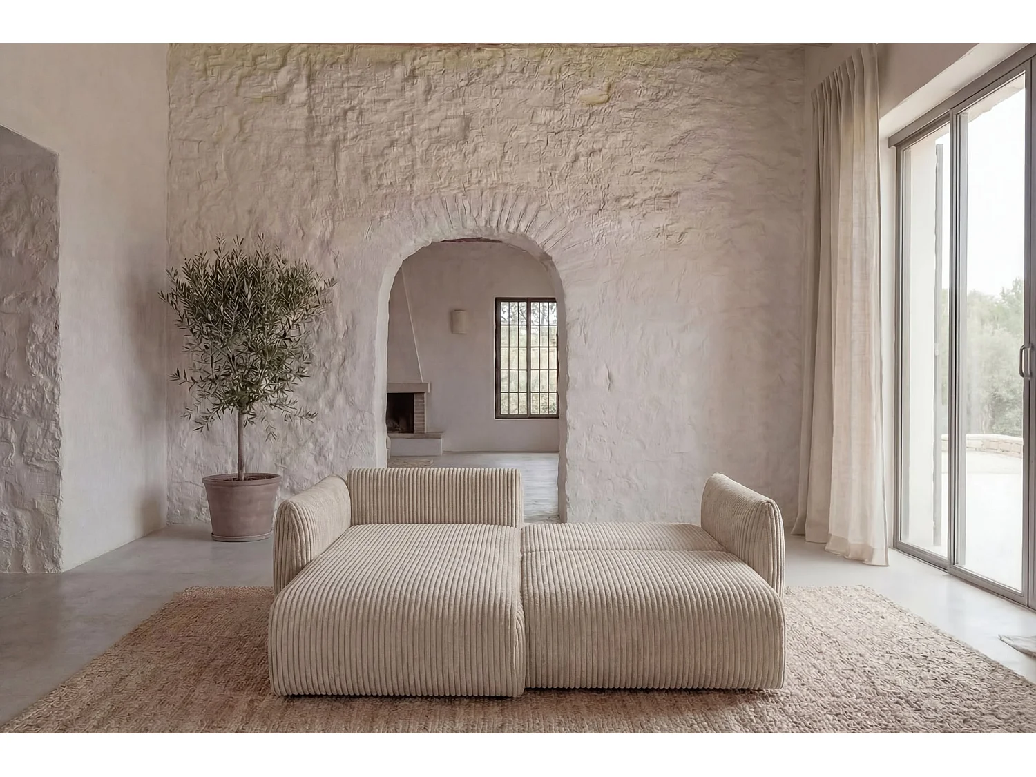 ELIO - Canapé d'angle convertible gros velours côtelé 4 places - Beige