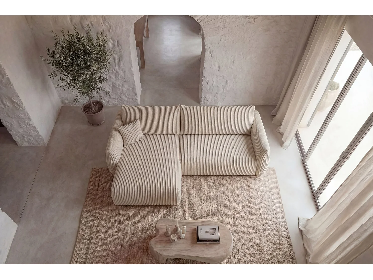 ELIO - Canapé d'angle convertible gros velours côtelé 4 places - Beige