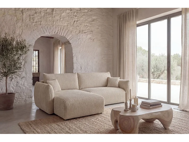 ELIO - Canapé d'angle convertible gros velours côtelé 4 places - Beige