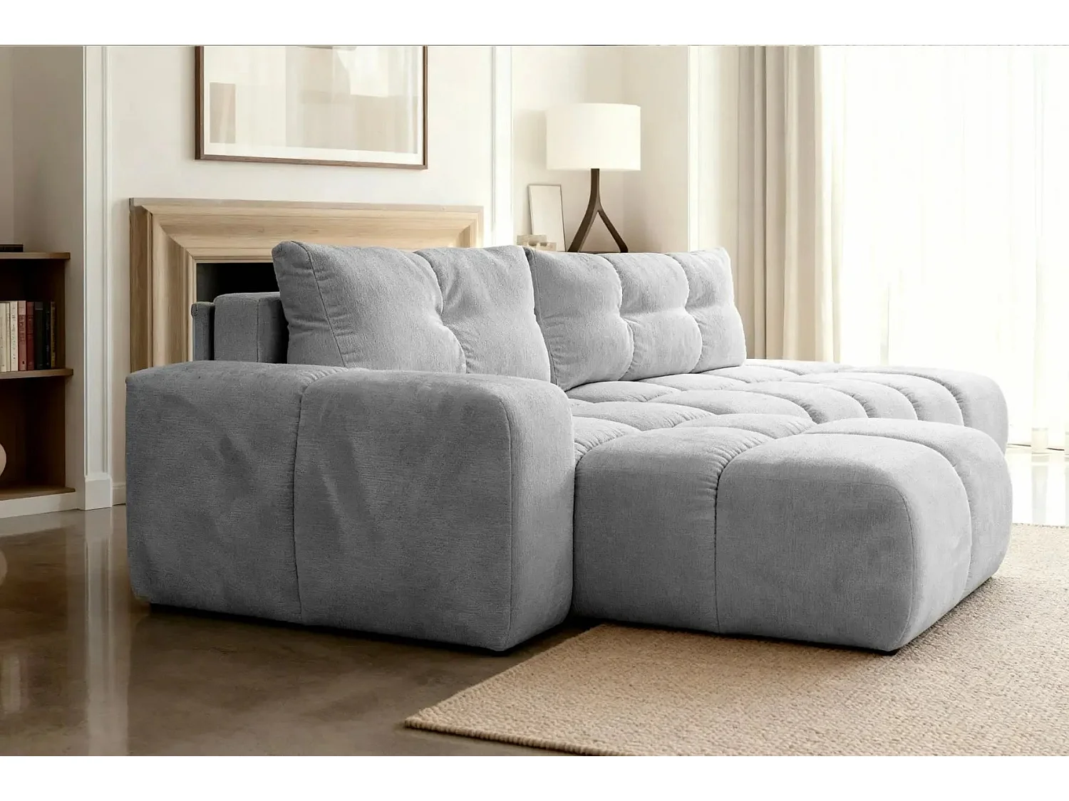 CONSTANCE - Canapé d'angle convertible tissu chenille 4 places - Gris clair - Droit