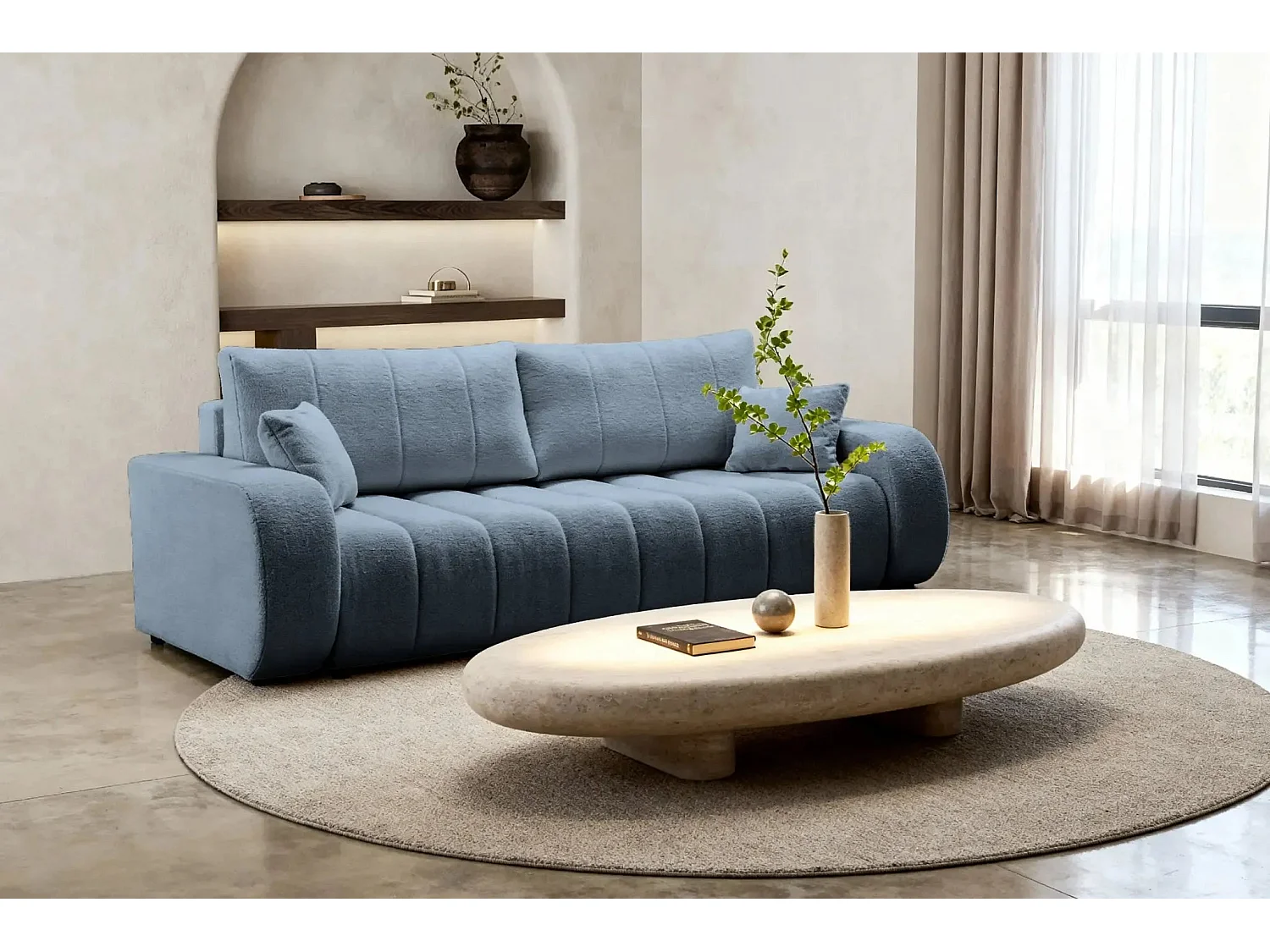 CELESTE - Canapé droit convertible tissu bouclette 3 places - Bleu