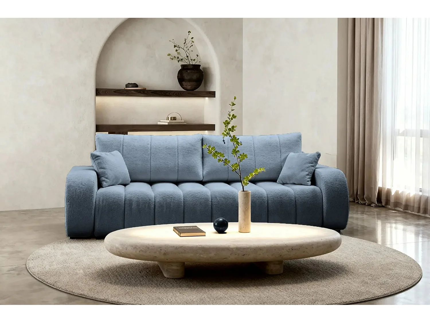 CELESTE - Canapé droit convertible tissu bouclette 3 places - Bleu