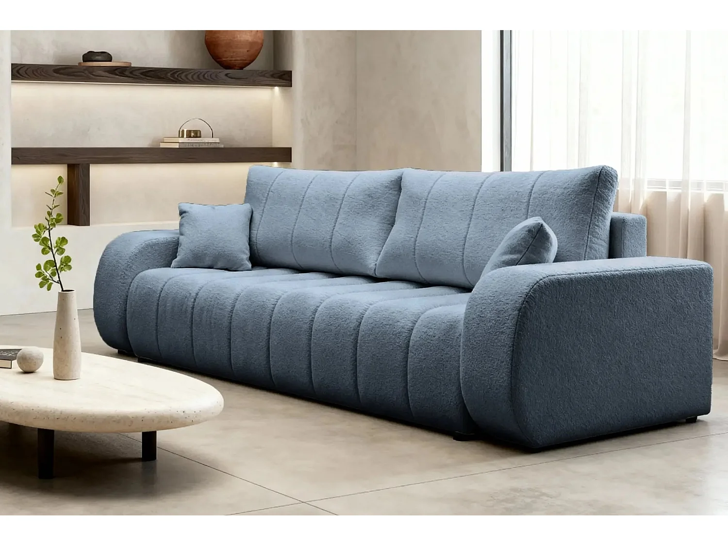 CELESTE - Canapé droit convertible tissu bouclette 3 places - Bleu