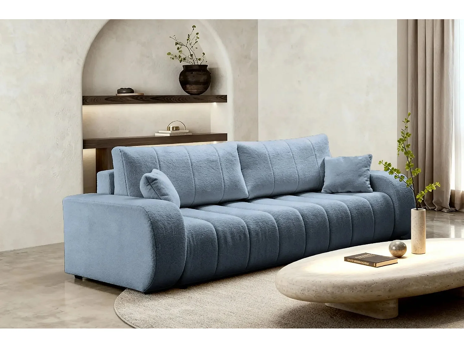 CELESTE - Canapé droit convertible tissu bouclette 3 places - Bleu