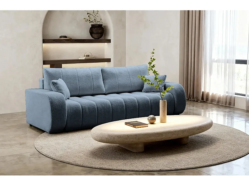 CELESTE - Canapé droit convertible tissu bouclette - Bleu