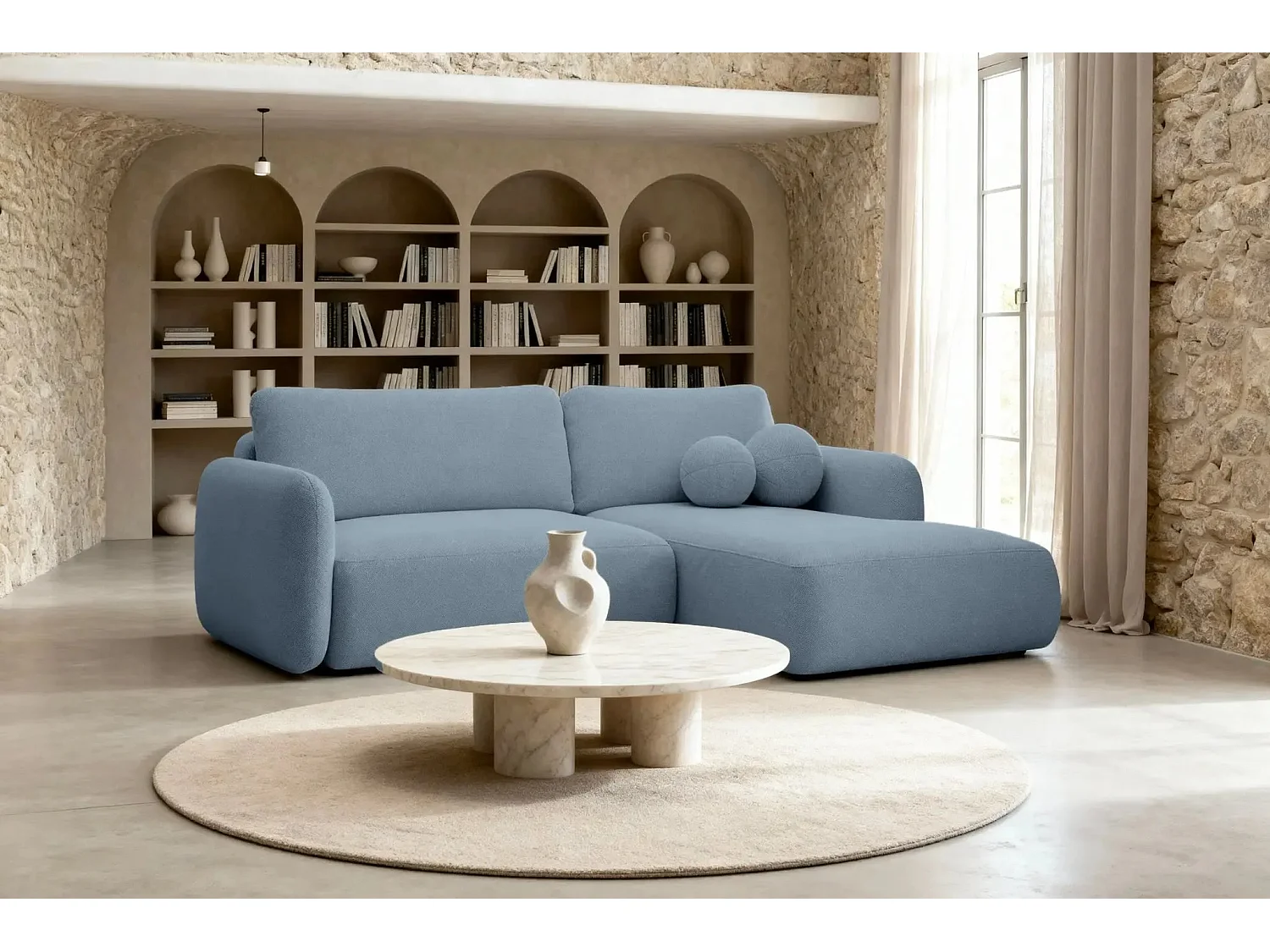 GIGI - Canapé d'angle convertible tissu bouclette 4 places - Bleu - Droit
