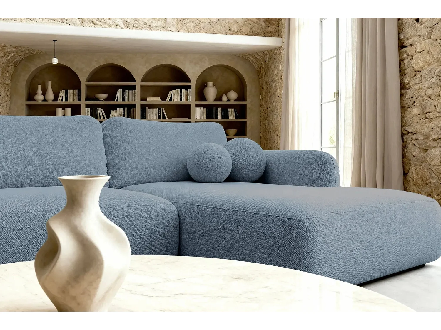 GIGI - Canapé d'angle convertible tissu bouclette 4 places - Bleu - Droit