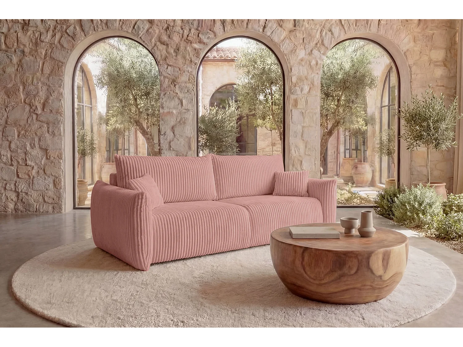 ELIO - Canapé droit convertible gros velours côtelé - Rose