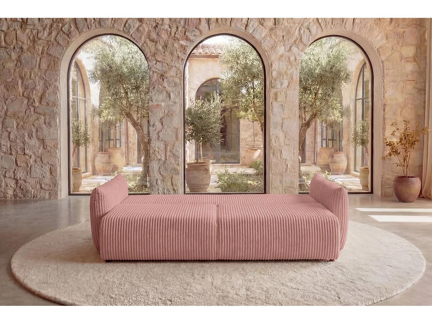 ELIO - Canapé droit convertible gros velours côtelé - Rose