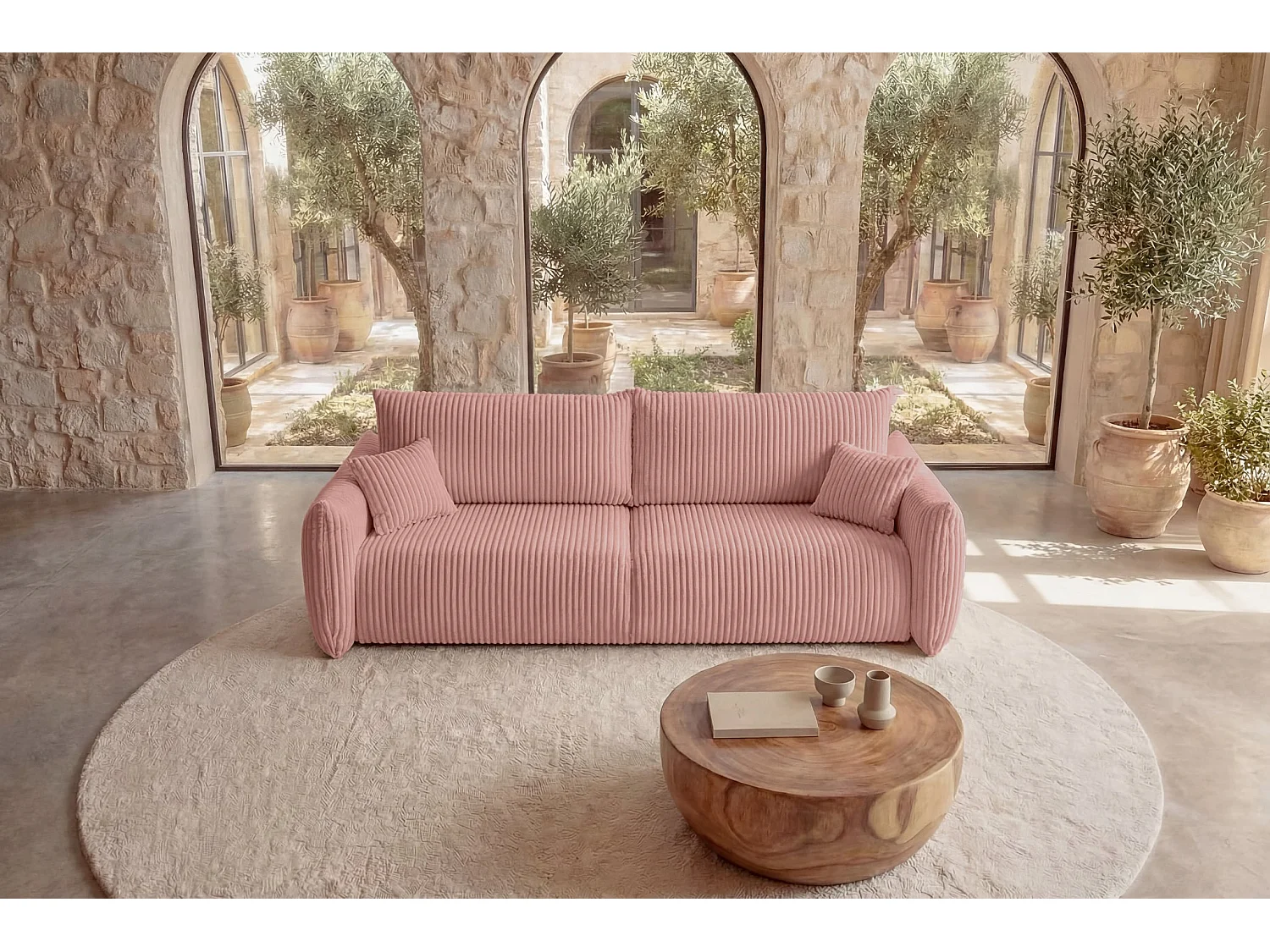 ELIO - Canapé droit convertible gros velours côtelé - Rose