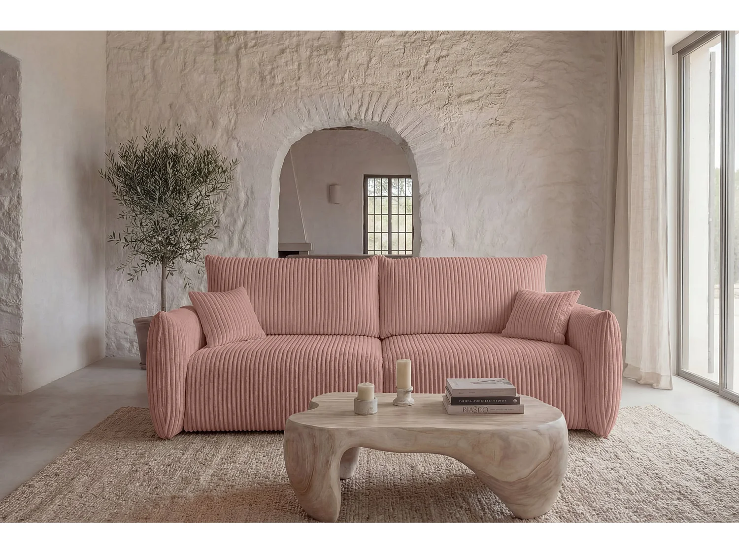 ELIO - Canapé droit convertible gros velours côtelé 3 places - Rose