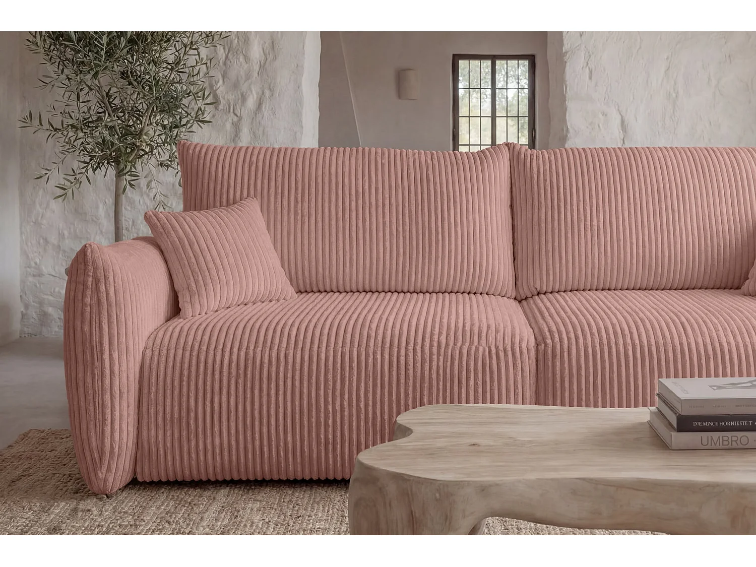 ELIO - Canapé droit convertible gros velours côtelé 3 places - Rose