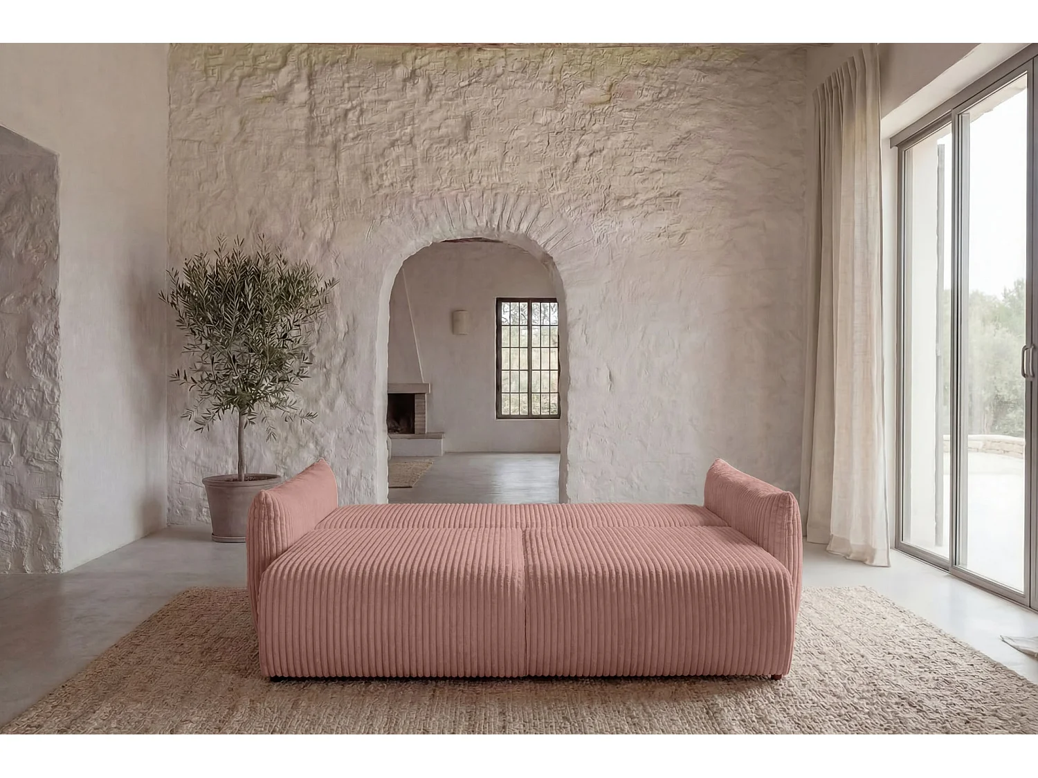 ELIO - Canapé droit convertible gros velours côtelé 3 places - Rose