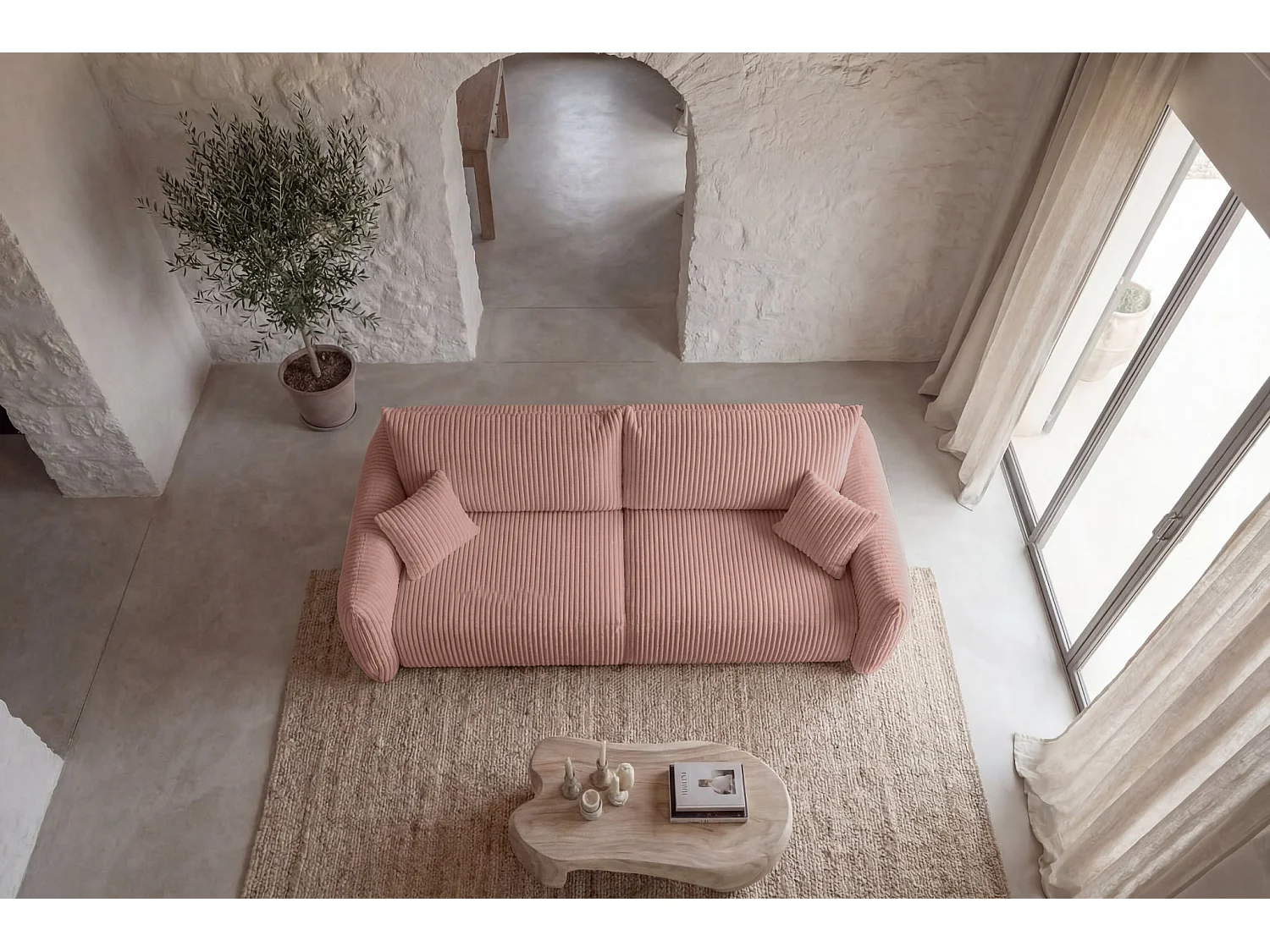 ELIO - Canapé droit convertible gros velours côtelé 3 places - Rose