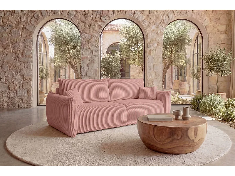 ELIO - Canapé droit convertible gros velours côtelé - Rose