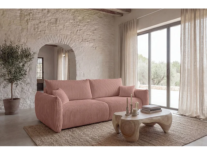 ELIO - Canapé droit convertible gros velours côtelé 3 places - Rose