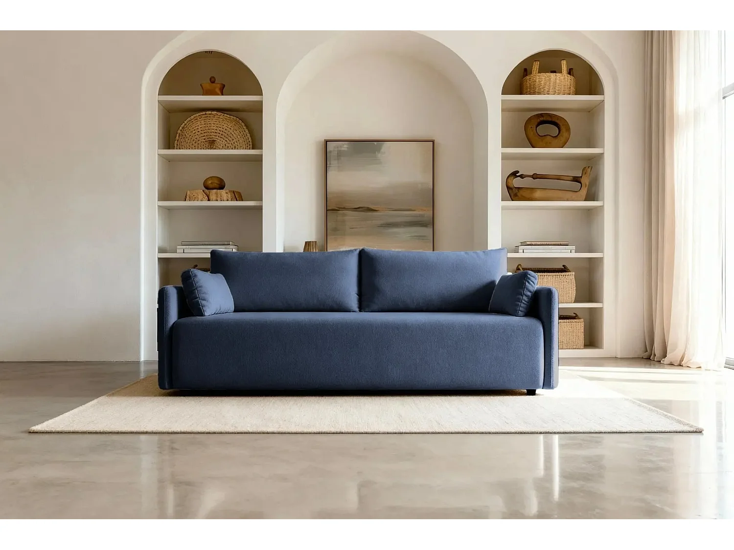 AXELLE - Canapé droit convertible tissu lisse - Bleu