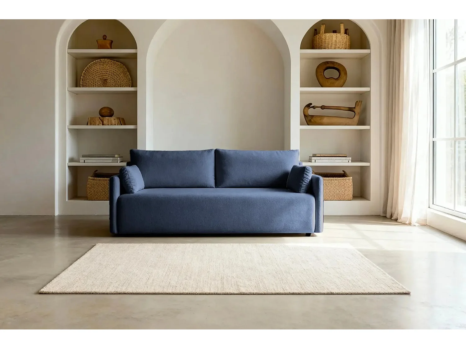 AXELLE - Canapé droit convertible tissu lisse - Bleu