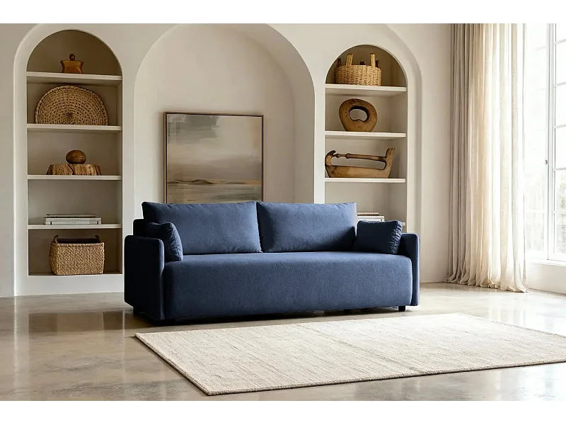 AXELLE - Canapé droit convertible tissu lisse - Bleu