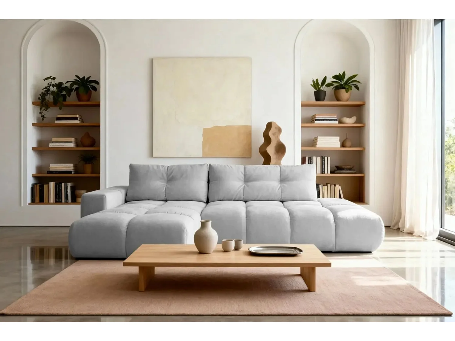 CONSTANCE - Canapé d'angle convertible tissu chenille 4 places - Gris clair - Gauche