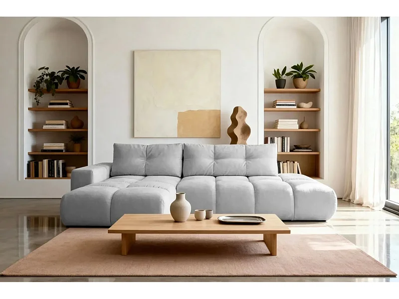 CONSTANCE - Canapé d'angle convertible tissu chenille 4 places - Gris clair - Gauche