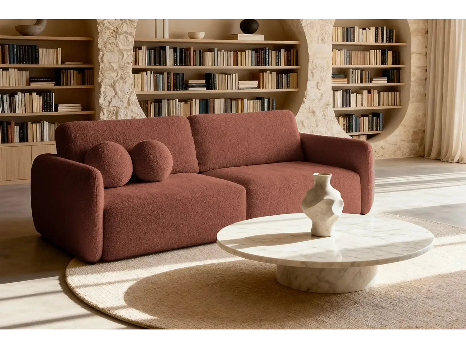 GIGI - Canapé droit convertible tissu bouclette 3 places - Terracotta