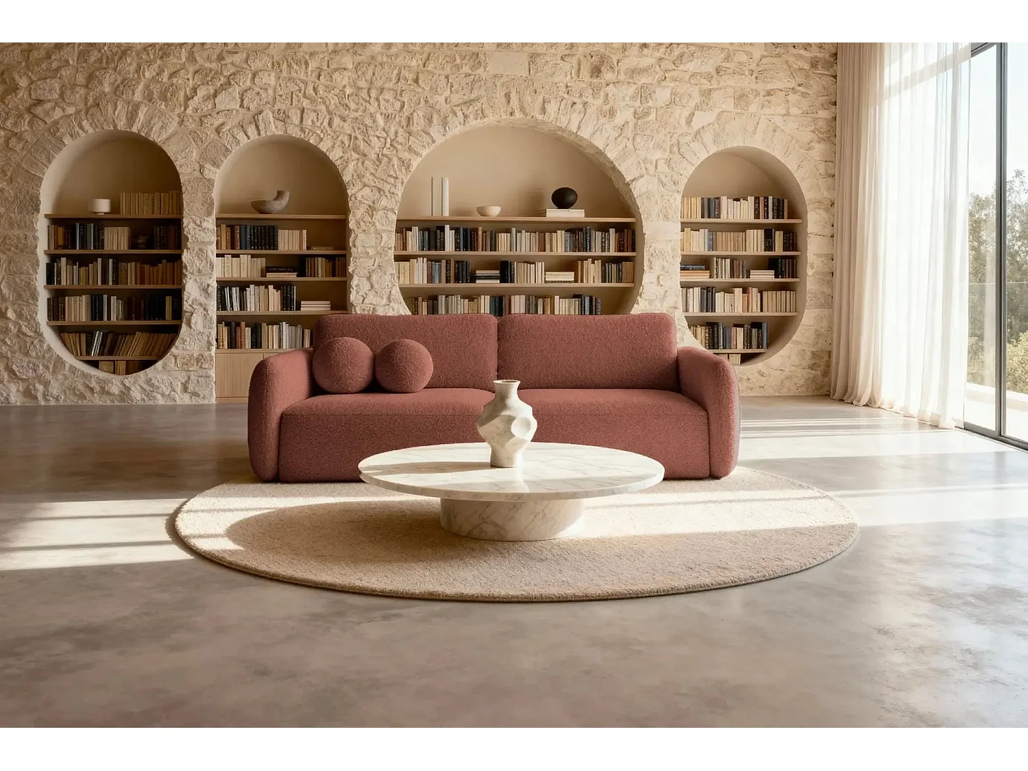 GIGI - Canapé droit convertible tissu bouclette 3 places - Terracotta