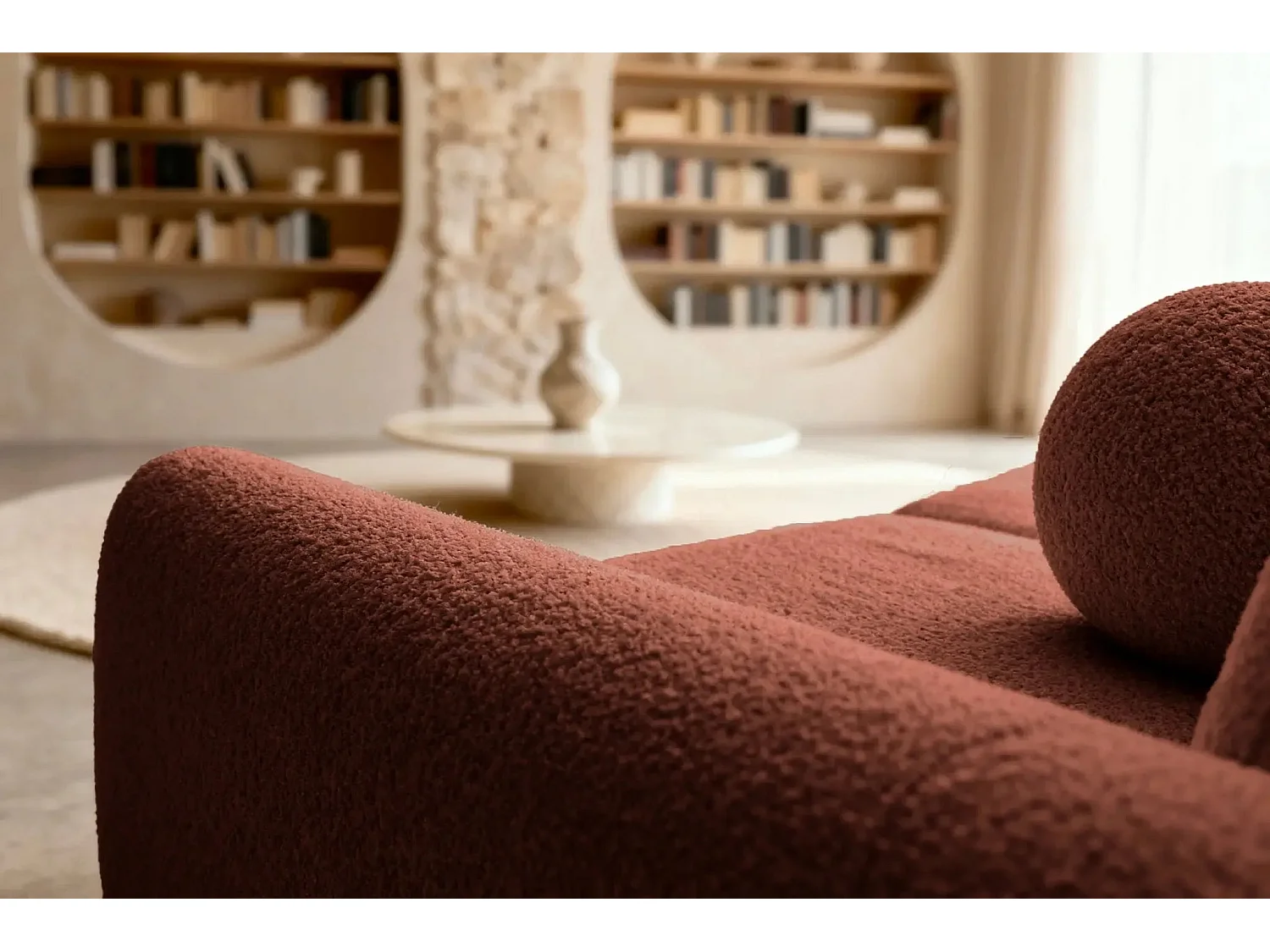 GIGI - Canapé droit convertible tissu bouclette 3 places - Terracotta