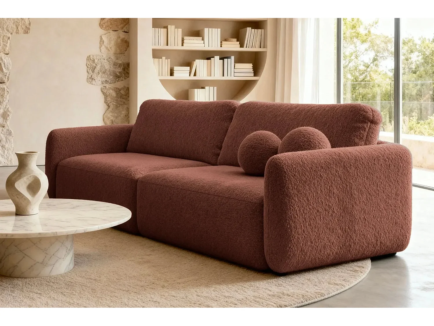 GIGI - Canapé droit convertible tissu bouclette 3 places - Terracotta