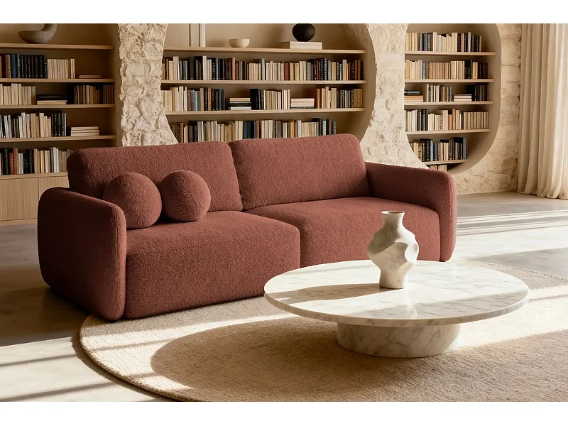 GIGI - Canapé droit convertible tissu bouclette 3 places - Terracotta