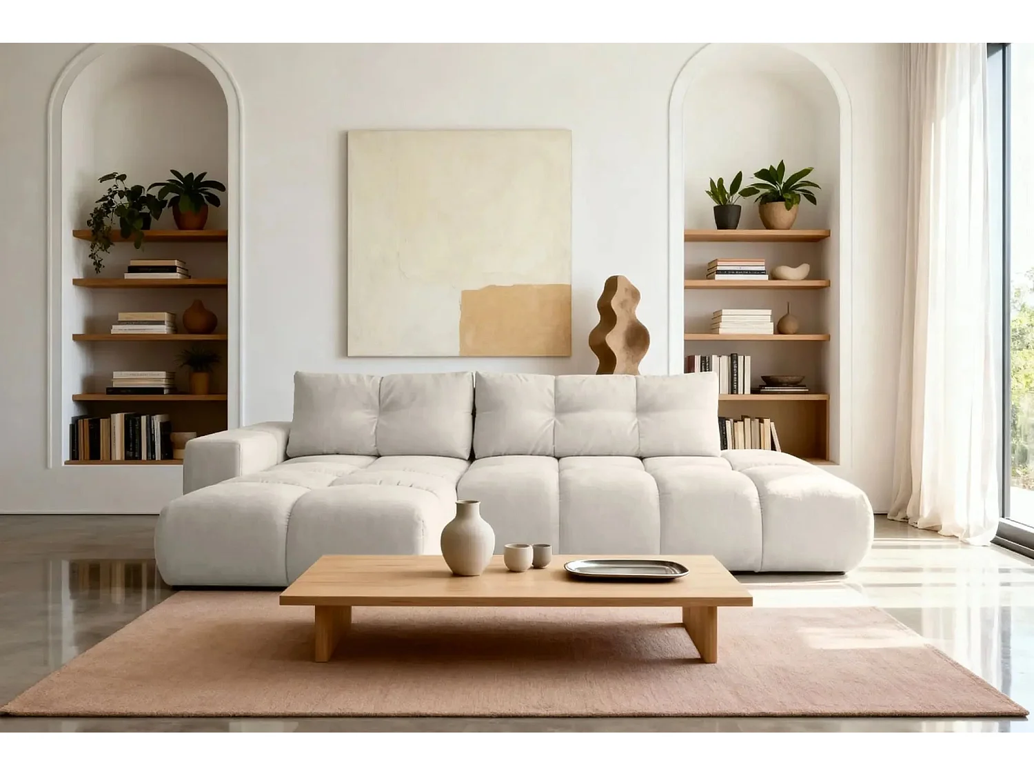 CONSTANCE - Canapé d'angle convertible tissu chenille 4 places - Beige - Gauche