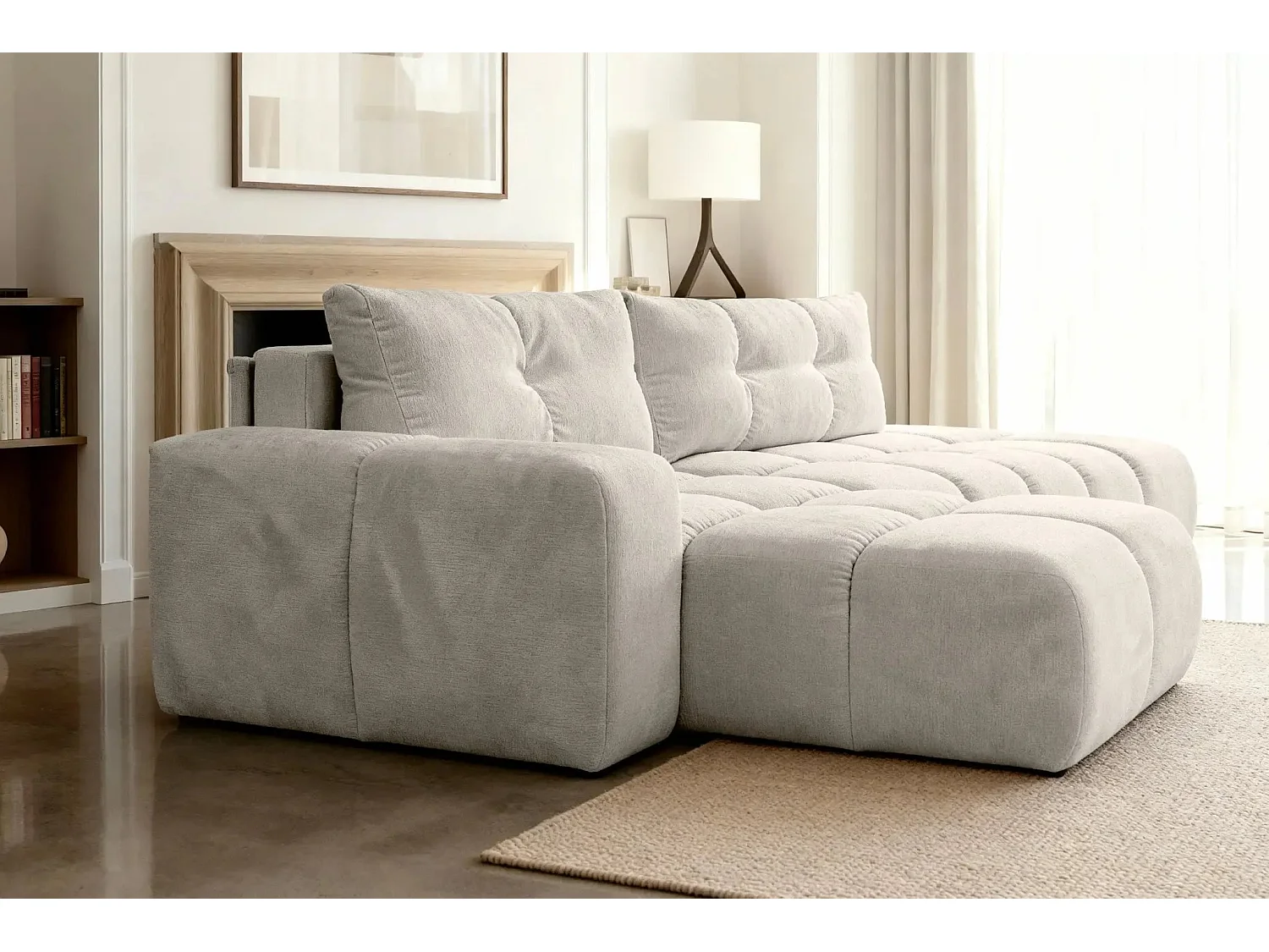 CONSTANCE - Canapé d'angle convertible tissu chenille 4 places - Beige - Gauche