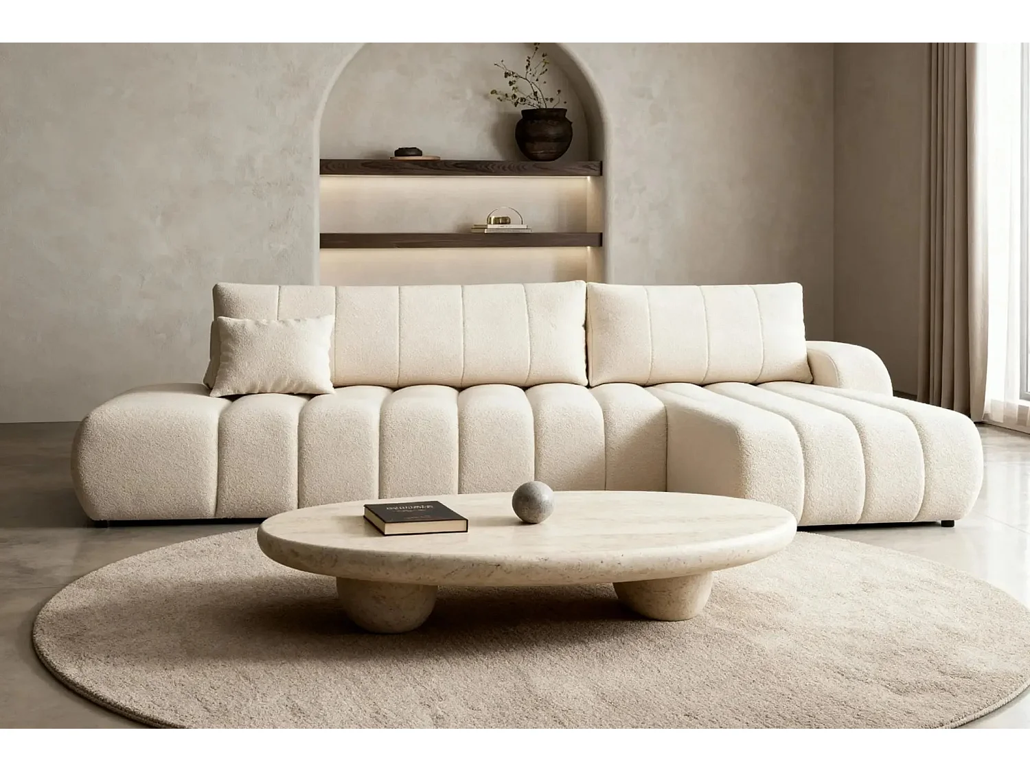 CELESTE - Canapé d'angle convertible tissu bouclette - Beige - Gauche