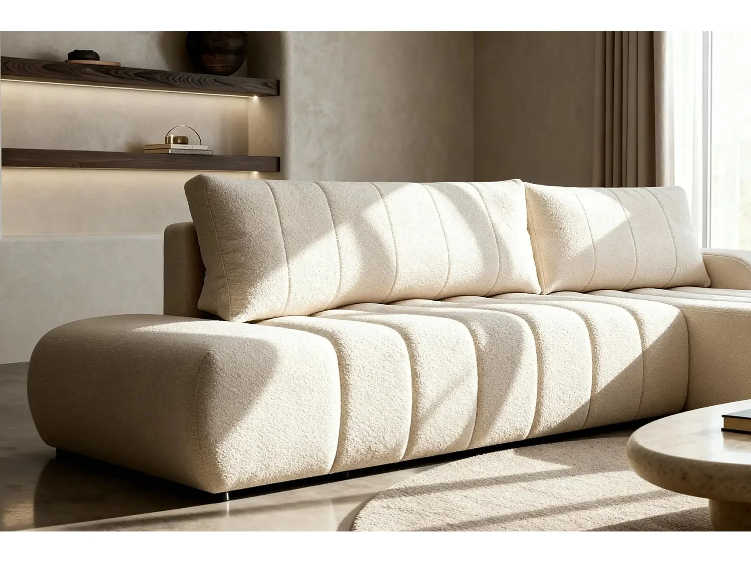 CELESTE - Canapé d'angle convertible tissu bouclette - Beige - Gauche