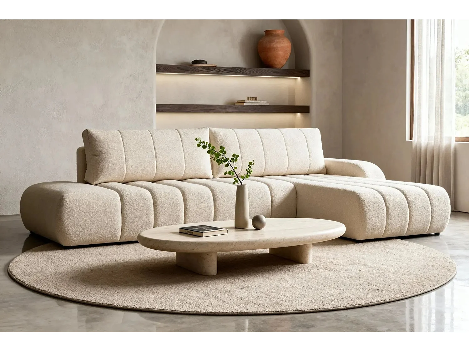 CELESTE - Canapé d'angle convertible tissu bouclette - Beige - Gauche