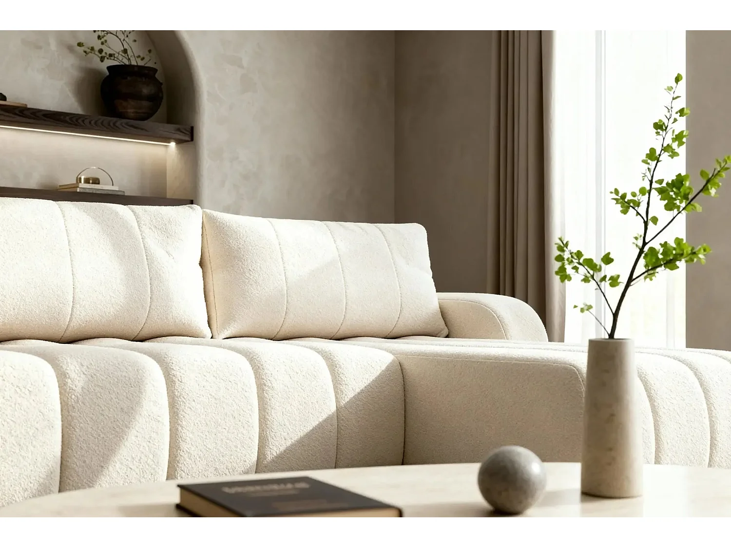 CELESTE - Canapé d'angle convertible tissu bouclette - Beige - Gauche