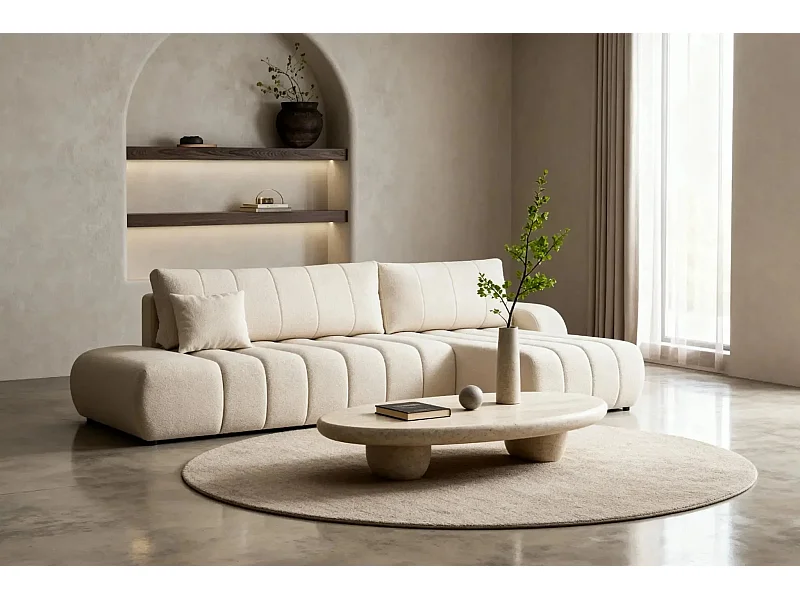 CELESTE - Canapé d'angle convertible tissu bouclette 4 places - Beige - Gauche