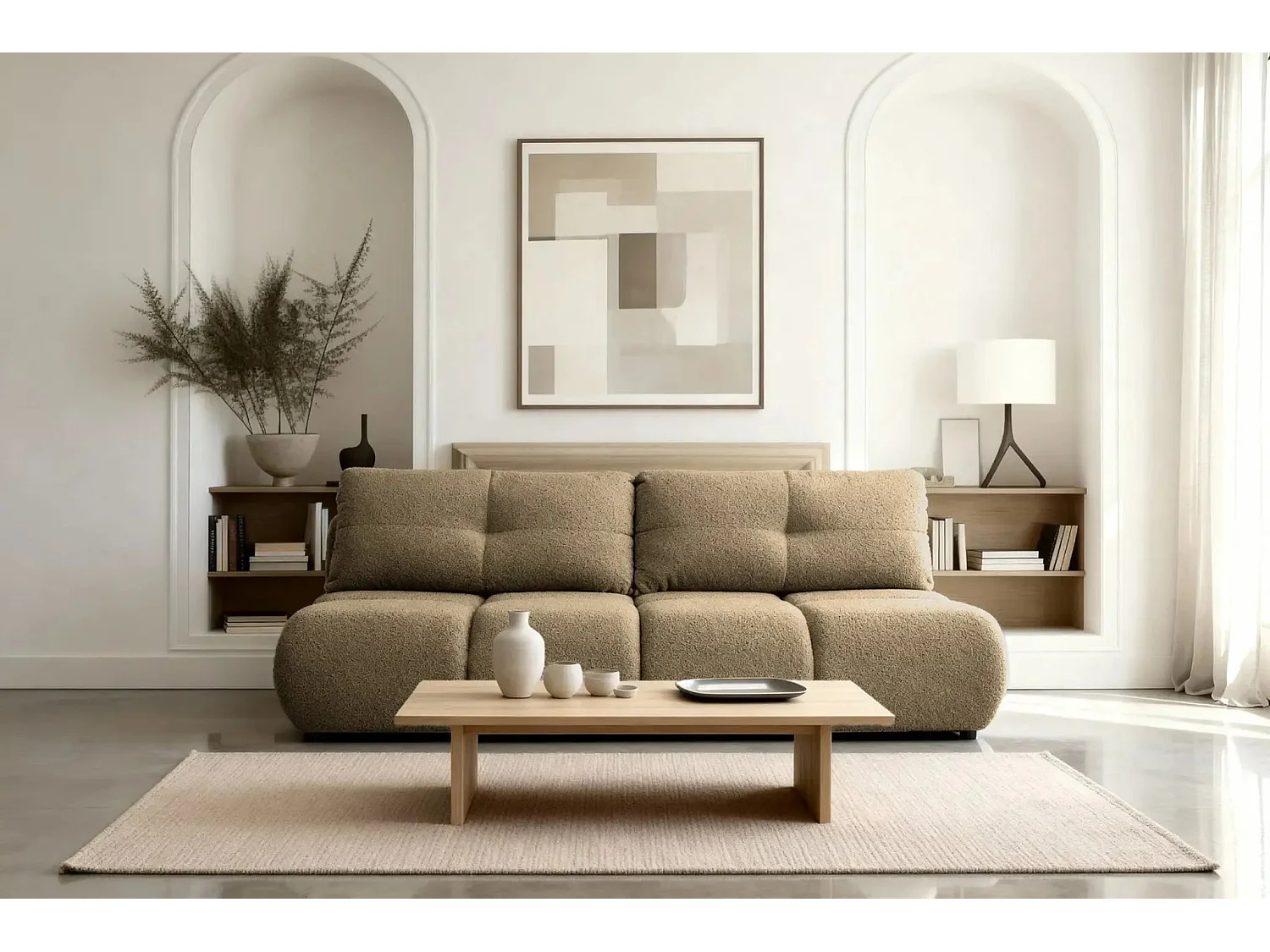 CONSTANCE MINI - Canapé droit convertible tissu bouclette 2 places - Café