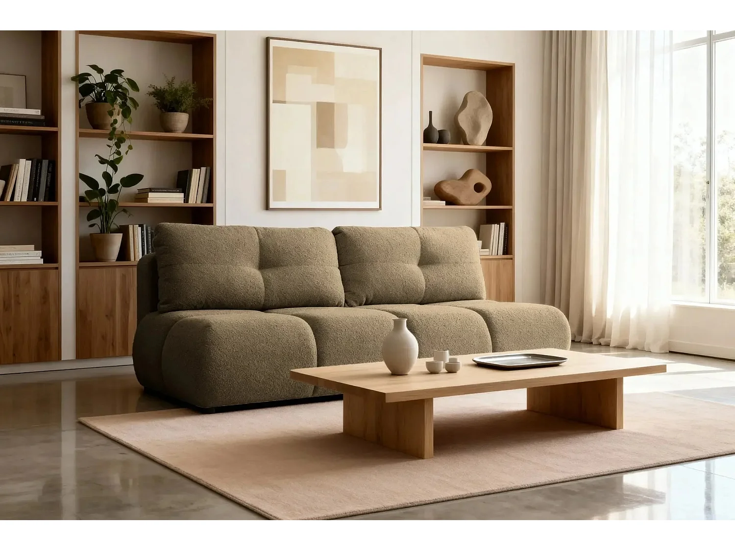 CONSTANCE MINI - Canapé droit convertible tissu bouclette 2 places - Café