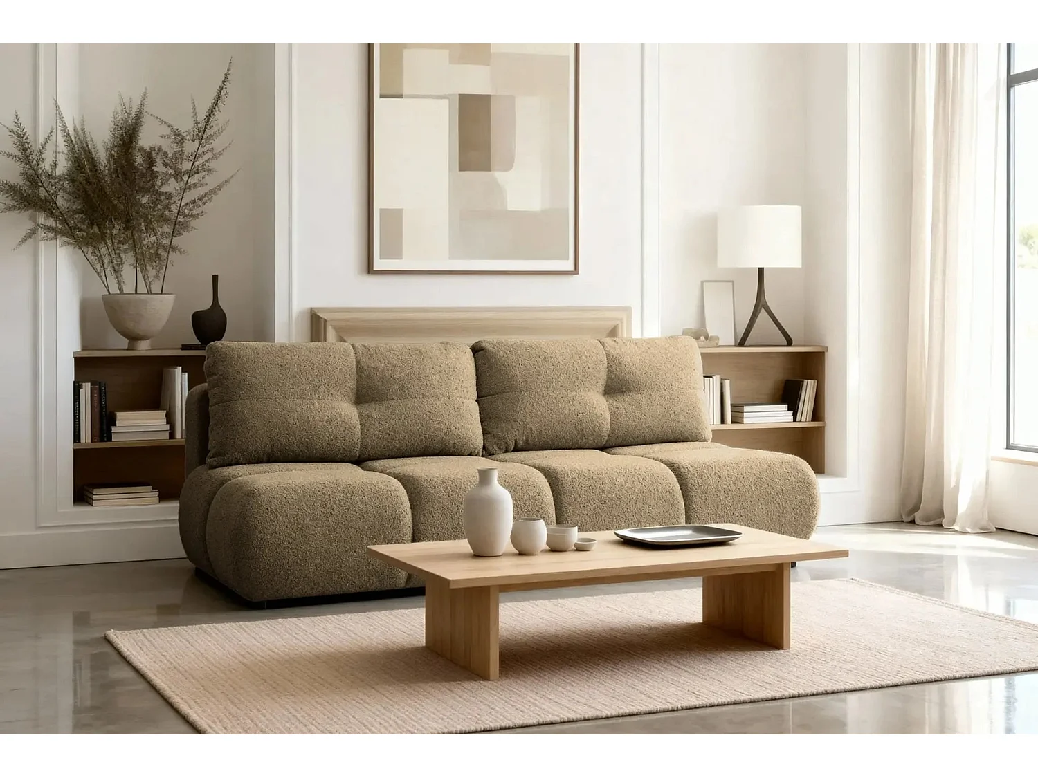 CONSTANCE MINI - Canapé droit convertible tissu bouclette 2 places - Café