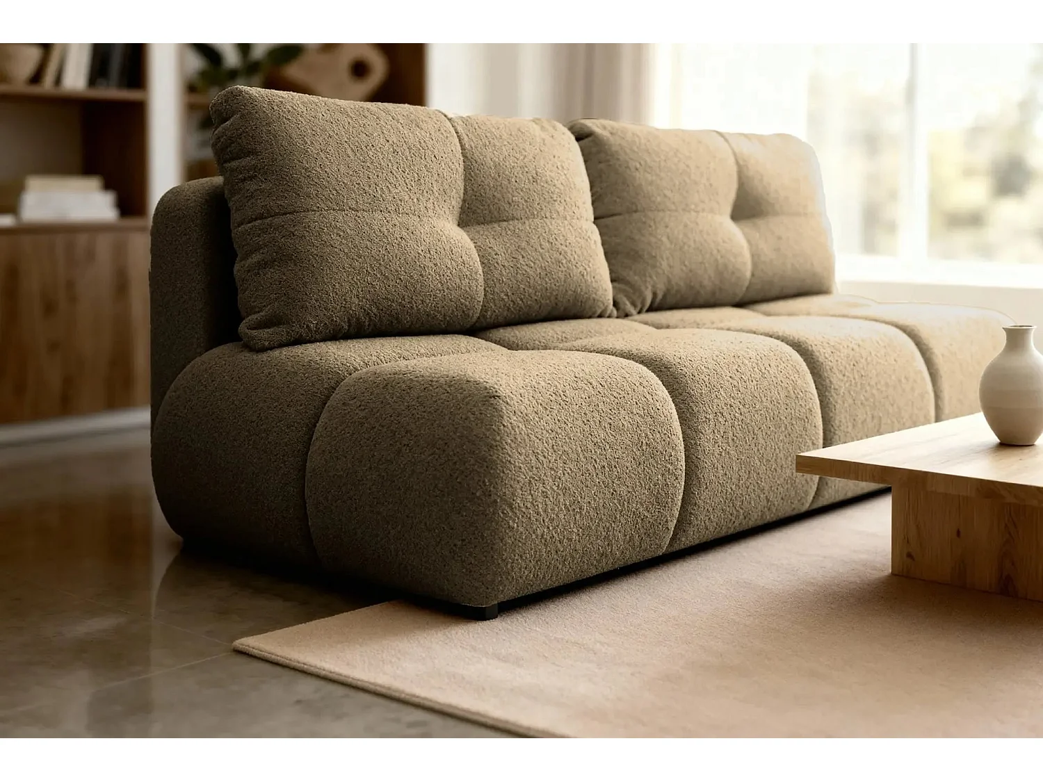 CONSTANCE MINI - Canapé droit convertible tissu bouclette 2 places - Café